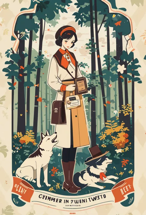 ephemera, label, retro, vintage, a girl and a wolf meet in the forest, flat design, vector illustrations, graphic illustration, ...