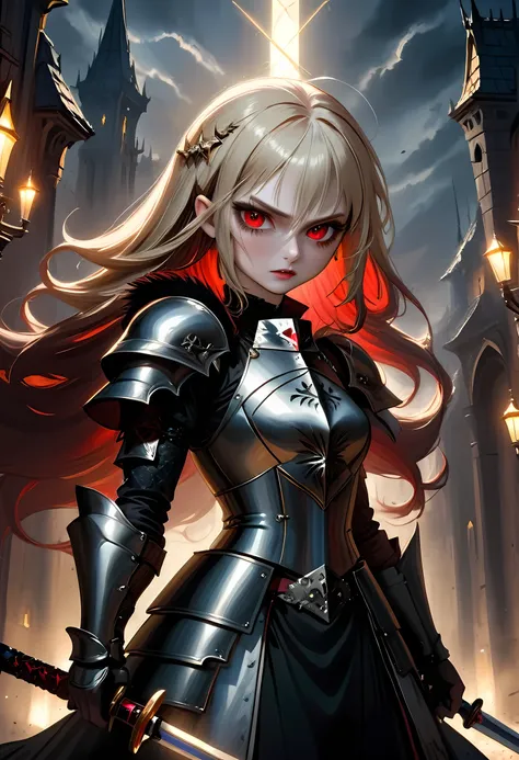 Arafed, dark fantasy art, gothic art, a picturק of a vampire ready for battle, female vampire, armed with a sword, wearing heavy armor , armed with a sword, shining sword, ultra detailed face (intricate detailed, Masterpiece, best quality: 1.4), pale skin,...