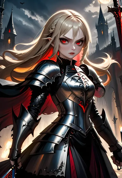 Arafed, dark fantasy art, gothic art, a picturק of a vampire ready for battle, female vampire, armed with a sword, wearing heavy armor , armed with a sword, shining sword, ultra detailed face (intricate detailed, Masterpiece, best quality: 1.4), pale skin,...