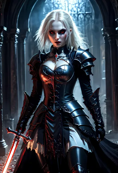 Arafed, dark fantasy art, gothic art, a picturק of a vampire ready for battle, female vampire, armed with a sword, wearing heavy armor , armed with a sword, shining sword, ultra detailed face (intricate detailed, Masterpiece, best quality: 1.4), pale skin,...