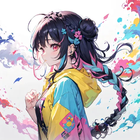 from side,solo,(braid:1.4),two side up,dreadlocks,(drill hair,hime cut,afro,ponytail,twintails,hair bun:0.8),(wavy multicolor hair:1.2),(smokeanywhere:1.4),piercing