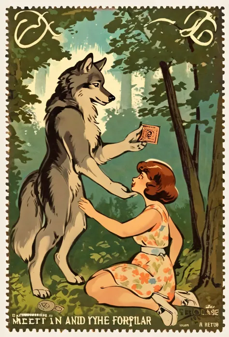 ephemera, label, retro, Vintage, stamp, A girl and a wolf meet in the forest,