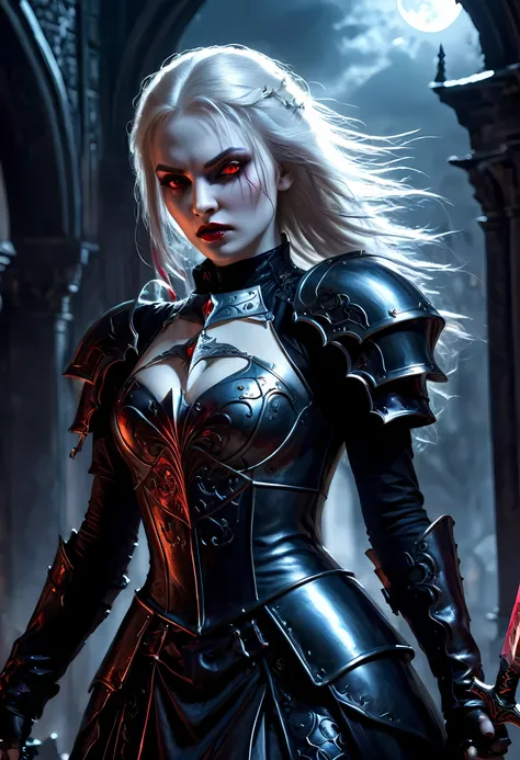Arafed, dark fantasy art, gothic art, a picturק of a vampire ready for battle, female vampire, armed with a sword, wearing heavy armor , armed with a sword, shining sword, ultra detailed face (intricate detailed, Masterpiece, best quality: 1.4), pale skin,...