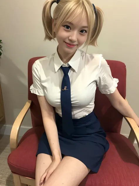 (highest quality、Blonde、8k、32k、masterpiece、Hmph:1.2)、sexy、16 years old、Cute Japanese Women Photos、Twin tails、thin、slender、(Bobcut)、(Small Tits)、double eyelid、 Red open front shirt、Navy blue tie、You can see her underwear faintly、Red mini skirt、Thighs、Light ...