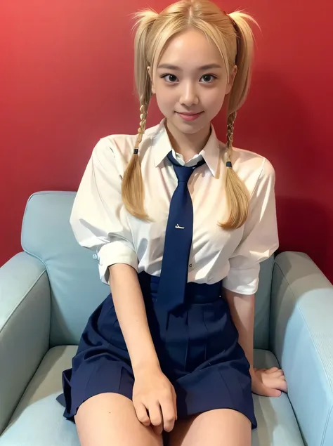 (highest quality、Blonde、8k、32k、masterpiece、Hmph:1.2)、sexy、16 years old、Cute Japanese Women Photos、Twin tails、thin、slender、(Bobcut)、(Small Tits)、double eyelid、 Red open front shirt、Navy blue tie、You can see her underwear faintly、Red mini skirt、Thighs、Light ...