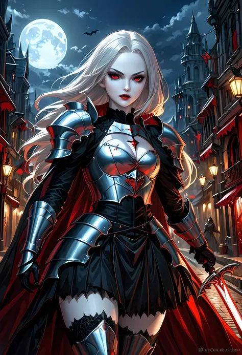 Arafed, dark fantasy art, gothic art, a picturק of a vampire ready for battle, female vampire, armed with a sword, wearing heavy armor , armed with a sword, shining sword, ultra detailed face (intricate detailed, Masterpiece, best quality: 1.4), pale skin,...