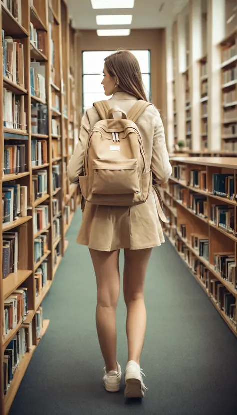 the young woman is in In a library. She is wearing beige clothes and carrying a white backpack.
many details, extreme detailed, full of details,
Wide range of colors.
Many details everywhere.  soft shadows. Low saturation colors. Insane quality. Insane res...