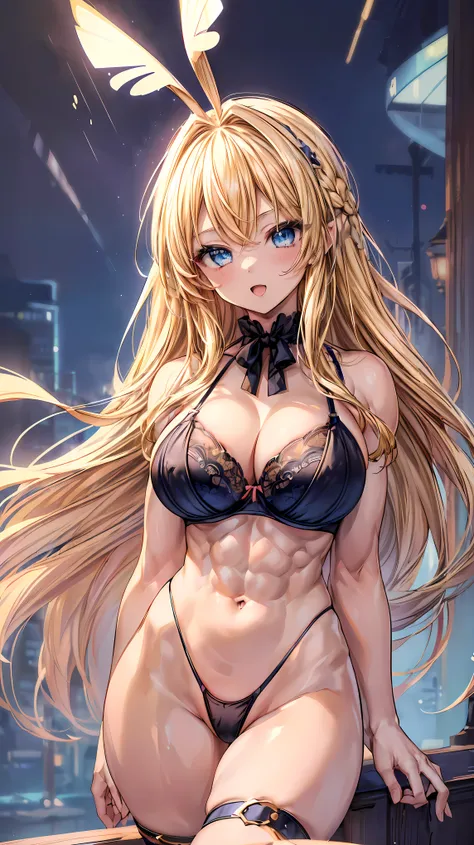 Very detailed、highest quality、Best image quality、masterpiece、8k、Anime Face、A kind smile、(Open your mouth:1.3)、Sparkling blue eyes、(Blonde semi-long hair:1.5)、(Muscles of the whole body)、(High leg panties:2.0)、Thigh belt、(Upper body photo:1.7)、(SFW Giant)、(...