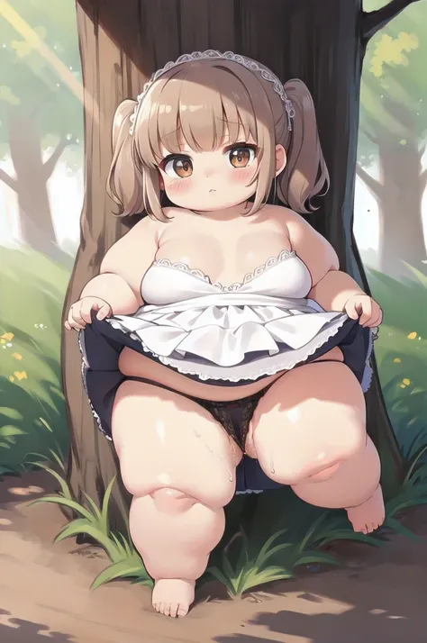 wedding dress, PRONOBIAS, ((masterpiece:1.2, highest quality)),(kawaii:1.2) break (Full body chibi character), (Big Head),cute break obese break lace panties,topless,pussy juice break (Light brown hair),Low Twintails,((Bangs Bangs)) BREAK Dutch Angle,open ...