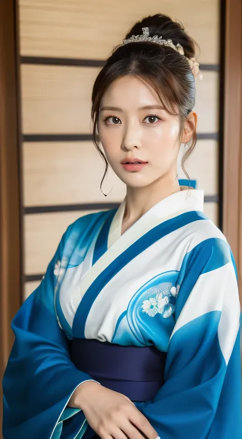 ((highest quality, 8k, masterpiece: 1.3)), sharp focus: 1.2, beautiful woman with perfect figure: 1.4, (kimono, complex blue), h...