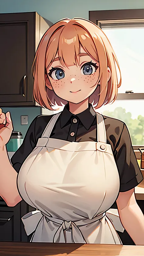 close-up portrait of a , Classic Bob, apron, Great body, Female-specific characteristics, Big Breasts, kitchen, [Ash Blonde | Ginger | Pink Hair], freckles, flirting in front of the camera