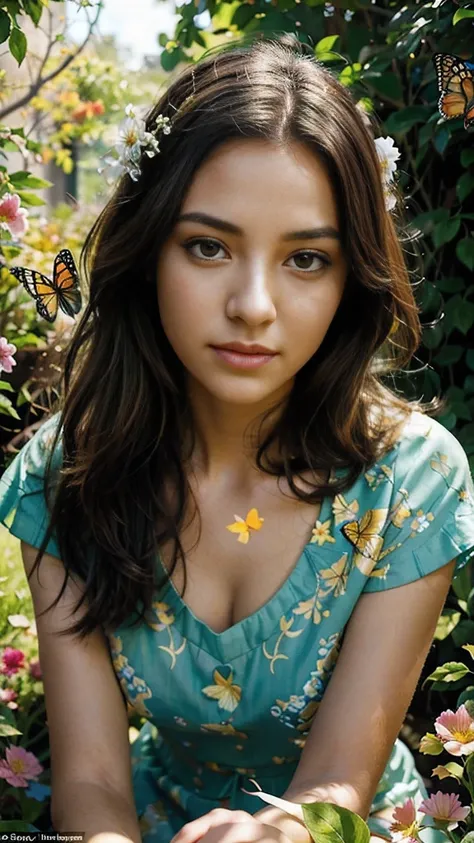 A girl in a flower garden, surrounded by colorful butterflies. The girl has beautiful detailed eyes and lips, with an extremely detailed face. Her long eyelashes enhance her mesmerizing look. The scene is bathed in a golden lighting, creating a warm and en...