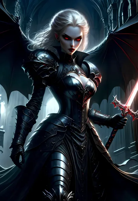 Arafed, dark fantasy art, gothic art, a picturק of a vampire ready for battle, female vampire, armed with a sword, wearing heavy armor , armed with a sword, shining sword, ultra detailed face (intricate detailed, Masterpiece, best quality: 1.4), pale skin,...