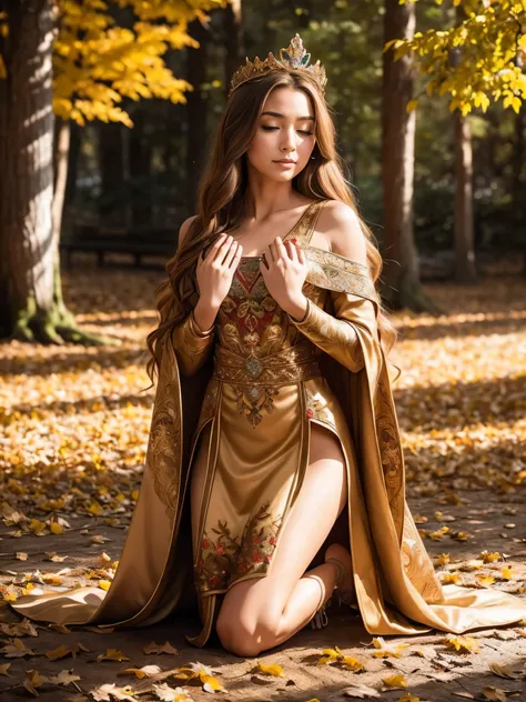 Standing gracefully in the vibrant autumn scenery、A shining and enchanting Nordic goddess. Her flowing chestnut hair cascades down to her shoulders, It is adorned with a crown of gold leaves that reflects the colorful foliage around it.. The ground is cove...