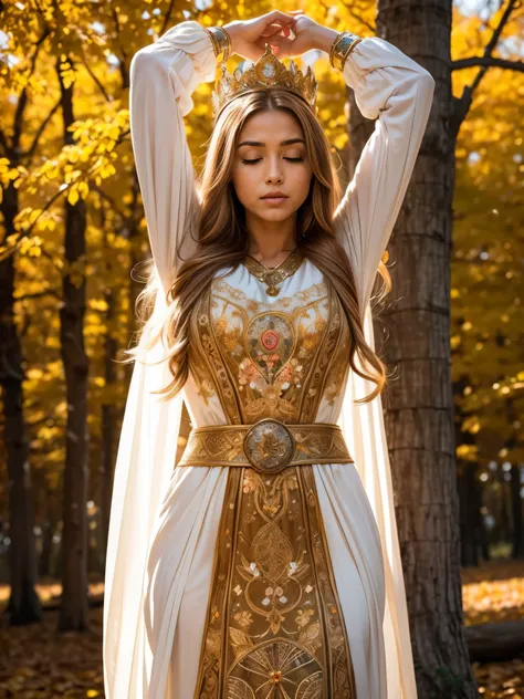 Standing gracefully in the vibrant autumn scenery、A shining and enchanting Nordic goddess. Her flowing chestnut hair cascades down to her shoulders, It is adorned with a crown of gold leaves that reflects the colorful foliage around it.. The ground is cove...