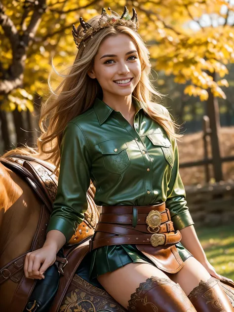 Standing gracefully in the vibrant autumn scenery、A shining and enchanting Nordic goddess. Her flowing chestnut hair cascades down to her shoulders, It is adorned with a crown of gold leaves that reflects the colorful foliage around it.. The ground is cove...