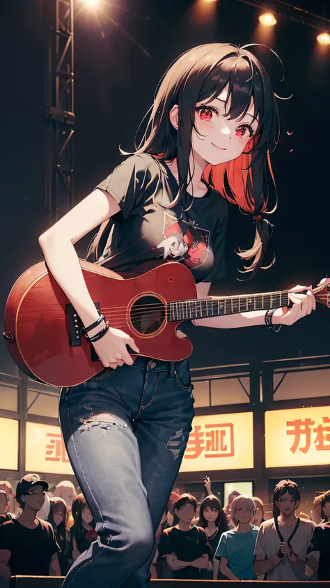 最high quality、Best image quality、masterpiece、girl((18-year-old、 By becoming、Best Bust、Medium Bust,Wide open breast tea、Red glowing eyes,Black Hair、Red Mesh、Disheveled Hair、Lointail、thin,The highest valley、Open chest、Luminous Wristbands、hair ornaments、Show ...