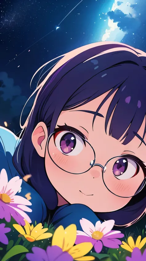 Close-up shot, Anime girl with white glasses , Stand on land,Night view ,Many stars shining in the night sky,milky way ,Colorful flowers,Headshot closeup, Oil painting style, Very clear oil painting brushstrokes, Impressionist palette style, 32k Ultra HD, ...