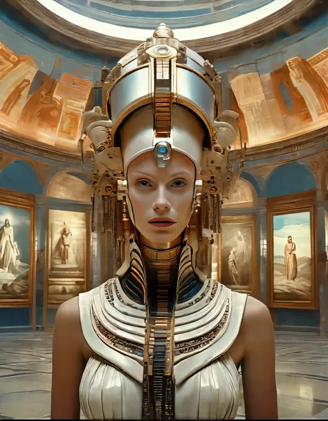 cinematic film still, close up, a robot woman stands tall, half-human half machine, amongst an ancient greek gallery of painting...