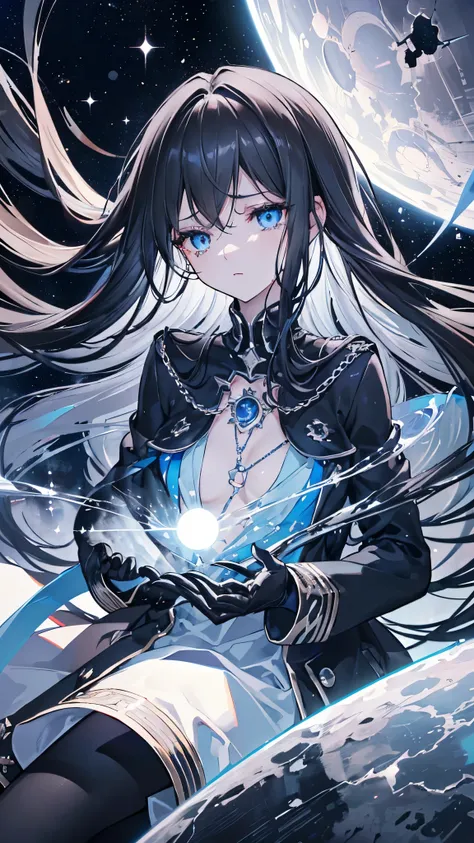 ((high resolution　black hair　long hair　dull blue eyes　uniform　lonely　despair))　((chest　necklace　tears　gloves))　(new york at nigh...