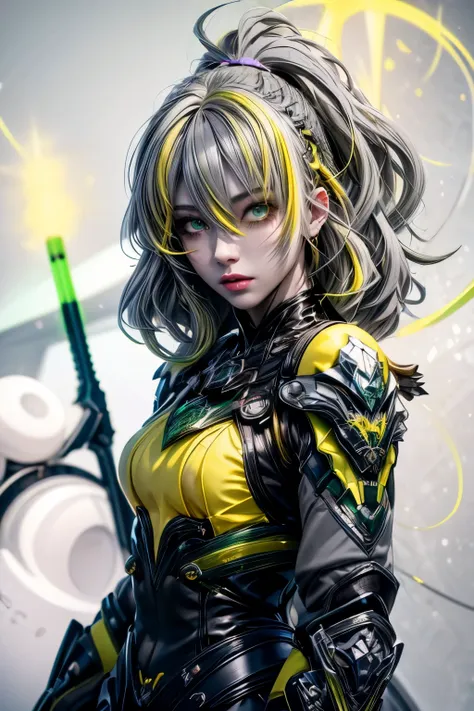 chaos、 action、female、(yellow、green、gray hair 1:2)、less exposure、portraiture,jet suit、complex３ｄheadset、perfection、passage、cubism,...