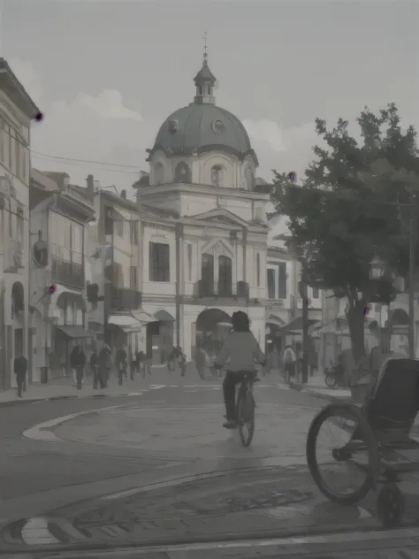 there is a man riding a bicycle in front of a building, on a great neoclassical square, in a city square, in a city with a rich ...