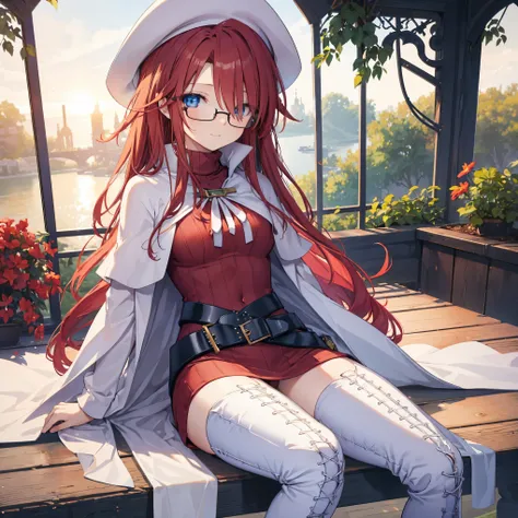 pov,(nsfw:1.2),summonnightaty, aty, (young:1.3),long hair, blue eyes, red hair, beret, hat, glasses,
BREAK long hair, thighhighs, hat, dress, boots, glasses, belt, cape, sweater, zettai ryouiki, beret, thigh boots, white footwear, ribbed sweater, loose bel...