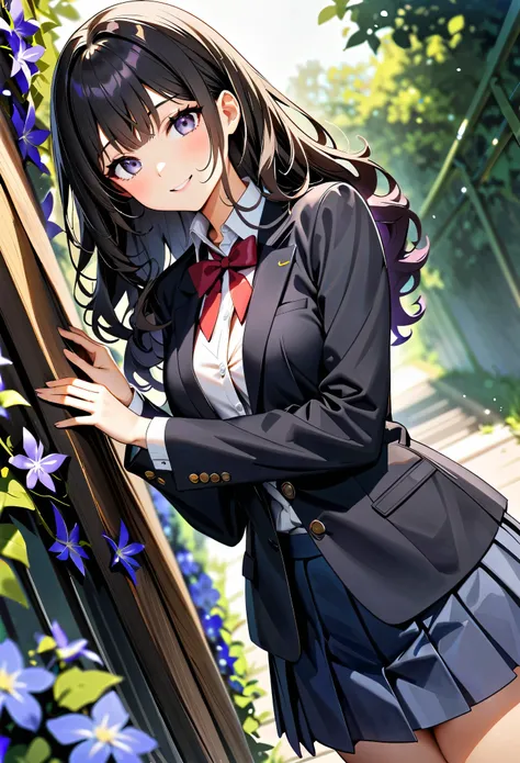 (highest quality:1.2, Very detailed, Ultra-high resolution, masterpiece:1.2, highest quality, Best aesthetics), (((1 girl))), Beautiful woman, , jk, blazer, Collared shirt with red ribbon, Pleated skirt, (Black Hair, Long Wavy Hair, Silver Eyes, Spread you...