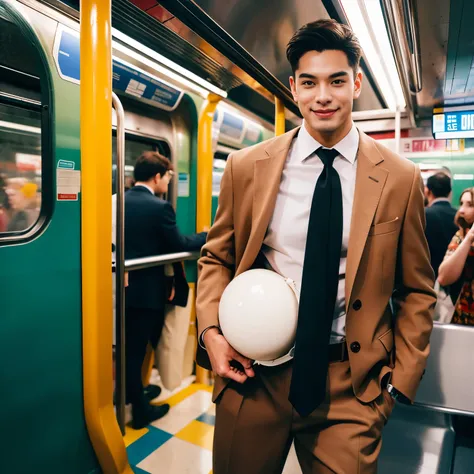 man in the subway，Standing in a subway car，Ultra-flat head，Wearing a sexy suit，huge bulge, leg apart，musculous，Handsome， pervert smirk，exhilarated，full bodyesbian，Exposing thighs， In crowded subway cars， 16k resolution , ultra-high clarity , hyperrealism ,...