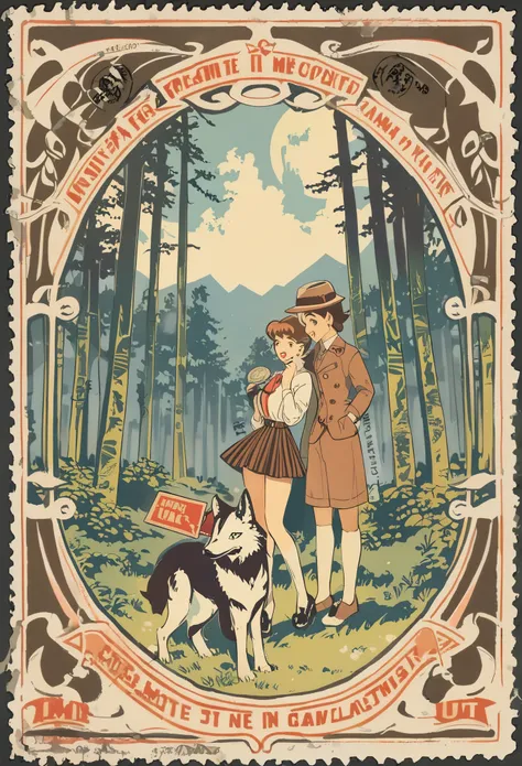 ephemera, label, retro, vintage, stamp, a girl and a wolf meet in the forest,