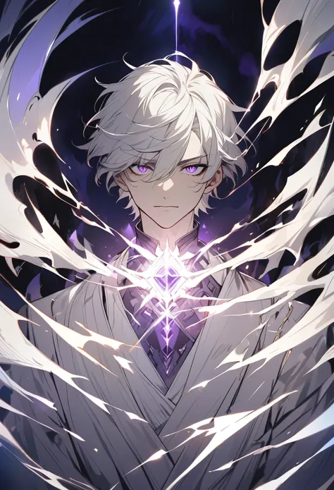 handsome, solo, 1 male, short hair, white hair, sharp eyes, purple eyes, white clothes, lighting, fantasy, no smile facial, body shot