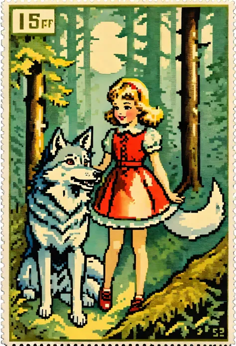 ephemera, label, retro, vintage, stamp, a girl and a wolf meet in the forest,