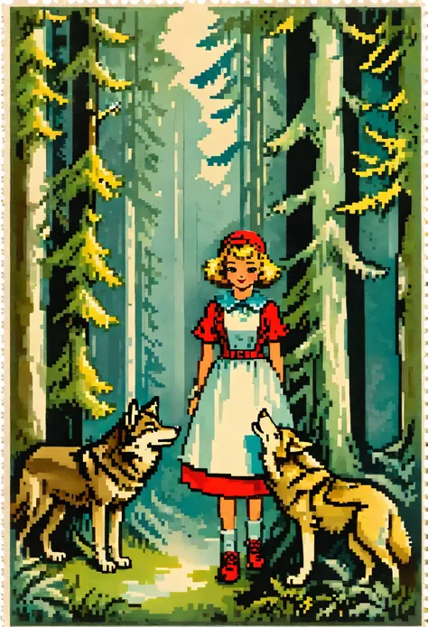 ephemera, label, retro, vintage, stamp, a girl and a wolf meet in the forest,