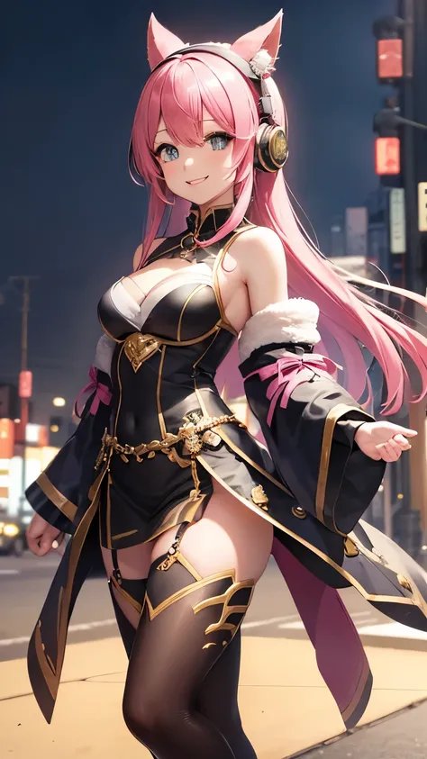 (Add Scene, Accurate full body projection)、Pink Hair、((night), One Girl, Expressing the whole body、腕を組んで足を広げてStanding pose、Detailed costume, (((Detailed cute face)))、headphone, Model shot, smile, Smile), One Girl、I, dynamic, Standing pose, Fine skin、Big Br...