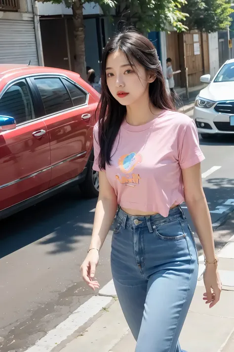 A vision flow of a beautiful woman walking down a street, her pink t-shirt and faded blue jeans illuminated by the sun, a red car passing in the background, and a world of shimmering light.  