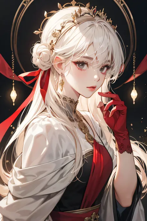 Empress, old girl, girl, 1 girl, beautyfull, elegant, shine, depicting Equal eyes, (A female god) Look at camera, depicting delicate facial features, red yunani romawi dress, red gloves, gothic style, ribbon, short curl white hair, extreme detail, delicate...