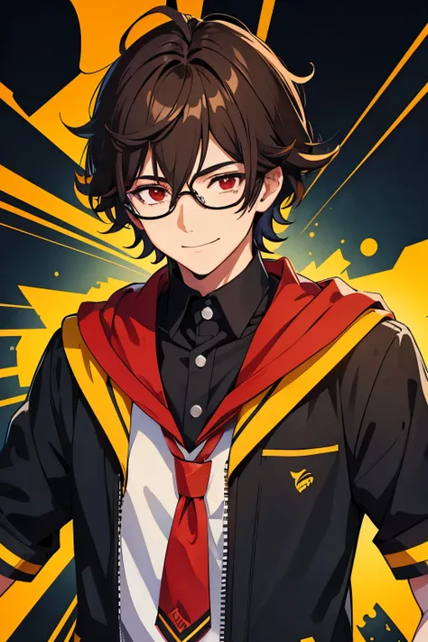 Teenage Male, Short Frizzy Dark Brown Hair for men, Red Eye, Black Glasses, Blue & Yellow High School Outfit, High School Theme, Happy Emotion mood, Smile, Portait, Anime, HDR, HD, Background, 2K, Masterpiece.