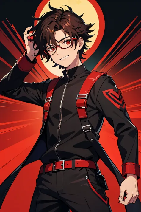 Teenage Male, Short Frizzy Dark Brown Hair for men, Red Eye, Black Glasses, Black & Red Jumpsuit with Spike Shoulders, High School Theme, Happy Emotion mood, Smile, Portait, Anime, HDR, HD, Background, 2K, Masterpiece.