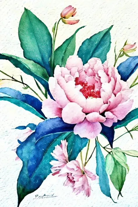 peony,pink,green leaf,simple background,watercolour,