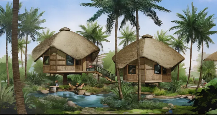 native villa made from coconut tree materials, artistically designed, nature inspired surroundings, highly detailed, photo-reali...