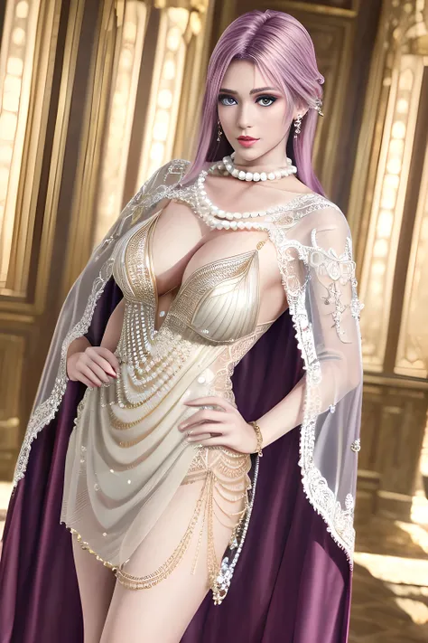 1girl,beautiful detailed eyes,beautiful detailed lips,extremely detailed eyes and face,long eyelashes,(Wearing Ice-crystal embellished dress:1.2),(Wearing Jewel:1.2),(lace_cloak:1.3),(Fluffs),(pearl bodychain:1.3),mesh pantyhose,(best quality,4k,8k,highres...