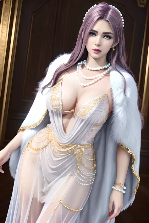 1girl,beautiful detailed eyes,beautiful detailed lips,extremely detailed eyes and face,long eyelashes,(Wearing Ice-crystal embellished dress:1.2),(Wearing Jewel:1.2),(lace_cloak:1.3),(Fluffs),(pearl bodychain:1.3),mesh pantyhose,(best quality,4k,8k,highres...