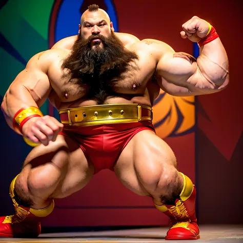 zangief,a man with a beard and a golden belt, fighting game character, street fighter 5,muscled humanoid,heavy looking,buff man,wrestler,Red short briefs,capcom,street fighter,shirtless,muscular male,chest hair,visually weighty,bearded man,mohawk hair,no w...