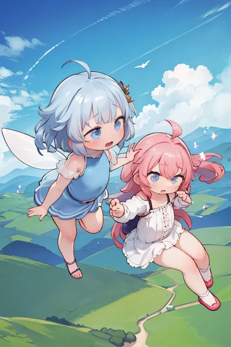 best quality, masterpiece, two fairy girls flying in the sky, tactile sensation, ahoge, cute background