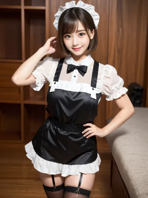 masterpiece、One girl per photo、Thighs、stockings、Full Body Shot、Front view、Young and beautiful woman in Japan、Wearing a cute short-sleeved satin silver black maid outfit、With a big smile、White ruffled headband、White frilly apron、Black Choker、Charming person...
