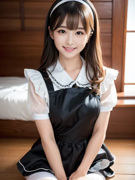 masterpiece、One girl per photo、Thighs、stockings、Full Body Shot、Front view、Young and beautiful woman in Japan、Wearing a cute short-sleeved satin silver black maid outfit、With a big smile、White ruffled headband、White frilly apron、Black Choker、Charming person...