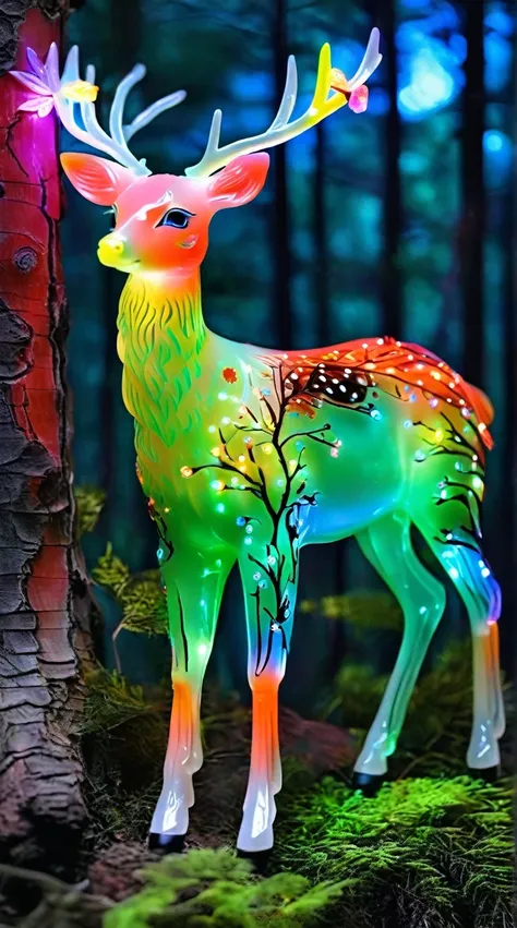 Art  jade doll，
A deer with colorful neon lights in the forest, full body, photo realistic --ar 3:4