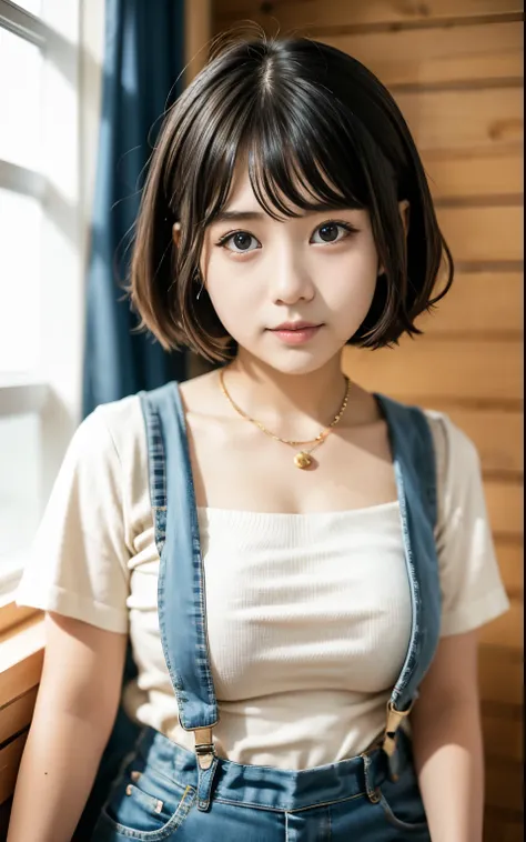 Muchirimchi、kawaii、 round faced、Short black hair、college girl，The top is worn only with suspenders，Side Body，Media components