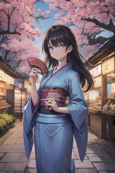 ourglass body,athletic body,long dark hair,kimono,glowing blue eyes,standing in a market,in a japanese city,sakura trees,holding a fan