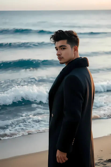 handsome male,solo,casual dress,feather coat,dutch angle ,beach